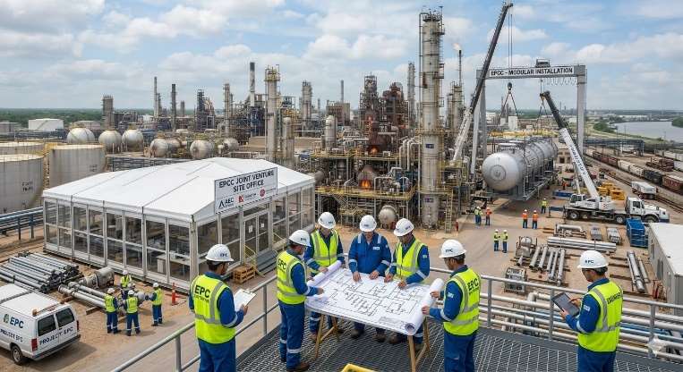 EPC team reviewing plans at an industrial project site